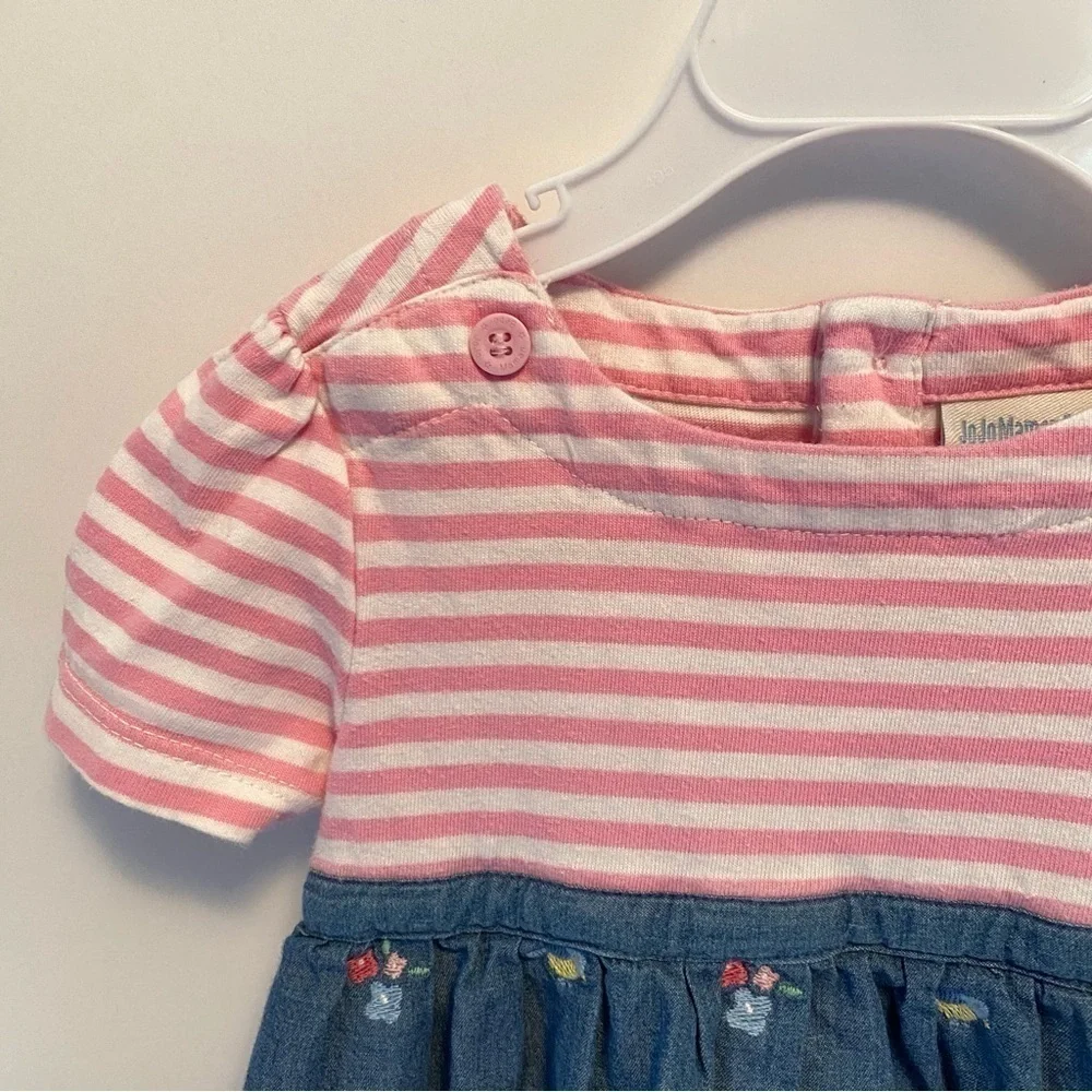 JoJo Maman Bebe Baby Girls Pink Stripe & Denim Skirt Dress Size 6-12 Months